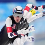 Team United States, led by Casey Dawson, with Emery Lehman center and Ethan Cepuran, compete during the speedskating men's team pursuit semifinals at the 2022 Winter Olympics, Feb. 15, 2022, in Beijing, China.