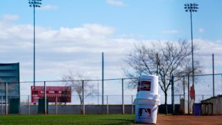 A practice field at the Cincinnati Reds spring training complex sits empty