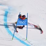 USA's Nina O'Brien crashes in the second run of the Women's Giant Slalom during the 2022 Winter Olympics at the Yanqing National Alpine Skiing Centre in Yanqing, China on Feb. 7, 2022.