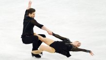 Zachary Donohue and Madison Hubbell performs during the Ice Dance – Rhythm Dance at the Capital Indoor Stadium at the 2022 Winter Olympic Games, Beijing, Feb. 12, 2022.