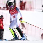 USA's Luke Winters reacts after failing to finish the first run of the Men's Slalom during the 2022 Winter Olympics at the Yanqing National Alpine Skiing Centre in Yanqing, China on Feb. 16, 2022.