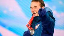 Nicholas Goepper celebrates his silve medal win during men's freeski slopestyle victory ceremony at the 2022 Winter Olympic Games, Feb. 16, 2022, Zhangjiakou, China.