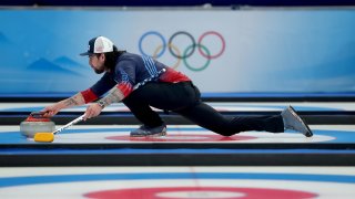Christopher Plys of Team United States competes against Team Norway during the Curling Mixed Doubles Round Robin ahead of the Beijing 2022 Winter Olympics at National Aquatics Centre on February 03, 2022 in Beijing, China.