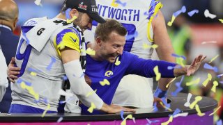 Head coach Sean McVay of the Los Angeles Rams and Matthew Stafford #9 celebrate after Super Bowl LVI at SoFi Stadium on February 13, 2022 in Inglewood, California. The Los Angeles Rams defeated the Cincinnati Bengals 23-20.