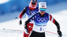 Jessie Diggins of Team United States competes during the Women's Cross-Country Team Sprint Classic semifinals at the 2022 Winter Olympics, Feb. 16, 2022, in Zhangjiakou, China.