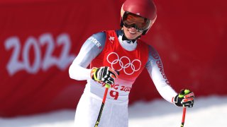 Mikaela Shiffrin of Team United States reacts following her run
