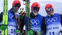 From left: Florian Notz of Team Germany, Jonas Dobler of Team Germany and Lucas Boegl of Team Germany seen during the Men's Cross-Country Skiing 50km Mass Start Free at the 2022 Winter Olympics, Feb. 19, 2022, in Zhangjiakou, China. The event distance has been shortened to 30k due to weather conditions.