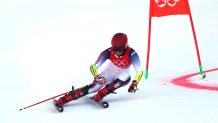Mikaela Shiffrin of Team United States skis during the Mixed Team Parallel 1/8 final on day 16 of the 2022 Winter Olympics at National Alpine Ski Centre on Feb. 20, 2022, in Yanqing, China.