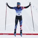 Jessie Diggins of Team United States celebrates winning silver during the Women's Cross-Country Skiing 30k Mass Start Free on day 16 of the 2022 Winter Olympics at The National Cross-Country Skiing Centre on Feb. 20, 2022, in Zhangjiakou, China.