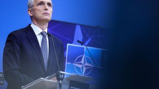 NATO Secretary General Jens Stoltenberg speaks during a press conference ahead of the alliance’s Defence Ministers’ meeting at the NATO headquarters in Brussels on March 15, 2022.