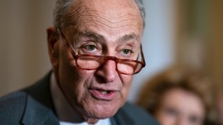 Senate Majority Leader Chuck Schumer, D-N.Y., speaks to reporters about the Russian invasion of Ukraine following a Democratic strategy meeting at the Capitol in Washington, Tuesday, March 8, 2022.