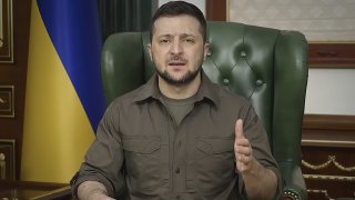 In this image from video provided by the Ukrainian Presidential Press Office, Ukrainian President Volodymyr Zelenskyy speaks from Kyiv, Ukraine, on Monday, March 21, 2022.
