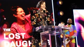 Maggie Gyllenhaal accepts the Best Screenplay award for ‘The Lost Daughter’