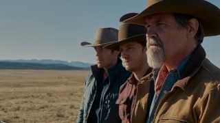 This image released by Amazon Prime Video shows, from left, Tom Pelphrey, Lewis Pullman and Josh Brolin in a scene from "Outer Range," a modern Western with supernatural elements. The series debuts Friday on Amazon's Prime Video streaming service.