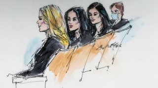 In this courtroom artist sketch, Khloe Kardashian, from left, Kim Kardashian, Kylie Jenner and Kris Jenner sit in court in Los Angeles, Tuesday, April 19, 2022. A jury has been seated in a trial that pits model and former reality television star Blac Chyna against the Kardashian family, who she alleges destroyed her TV career.