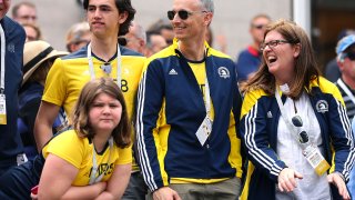 BOSTON, MA – APRIL 17: Martin Richard’s family, from left, Jane, Henry,  Bill and Denise watch the 121st Boston Marathon at the finish line VIP stands on April 17, 2017. Martin lost his life in the 2013 bombing at the marathon. (Photo by John Tlumacki/The Boston Globe via Getty Images)