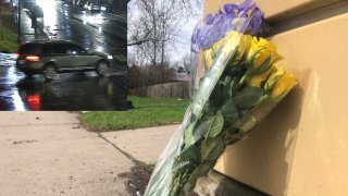 Memorial at the site of a hit-and-run crash that killed a Trinity College student in Hartford and the vehicle that police are looking for.