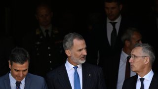 Spanish Prime Minister Pedro Sanchez (L), King Felipe VI of Spain and Secretary General of the North Atlantic Treaty Organization (NATO) Jens Stoltenberg (R) leave the Teatro Real in Madrid on May 30, 2022.