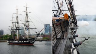 The USS Constitution sailing in Boston Harbor on Friday, May 20, 2022.