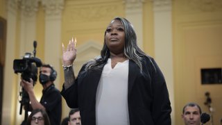 Wandrea ArShaye “Shaye” Moss, former Georgia election worker, is sworn in prior to testifying during the fourth hearing on the January 6th investigation in the Cannon House Office Building on June 21, 2022 in Washington, DC.