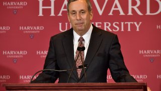 This Feb. 11, 2018, file photo shows Lawrence Bacow speaks as he is introduced as Harvard University's 29th president during a news conference in Cambridge, Massachusetts.