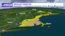 A map showing what parts of New England are in either abnormally dry conditions or a moderate drought as of Tuesday, June 7, 2022. Moderate drought stretches from northeastern Connecticut through most of Rhode Island and parts of southeastern and eastern Massachusetts.