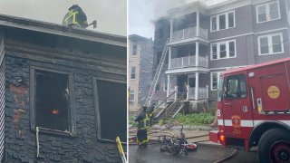 Firefighters battled a blaze in Boston's Dorchester neighborhood on Monday, June 27, 2022.