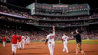 Alex Verdugo of the Boston Red Sox reacts after hitting a walk-off two-run single during the tenth inning of a game against the New York Yankees on Fenway Park in Boston on Saturday, July 9, 2022.