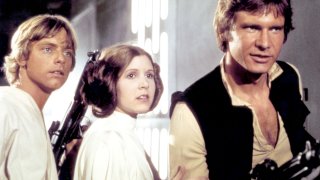 Actors Mark Hamill, Carrie Fisher and Harrison Ford on the set of Star Wars: Episode IV