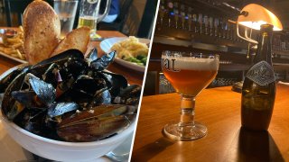 Mussels, frites and beer at Flanders Field, a Northern European-inspired restaurant in Hanover, Massachusetts.