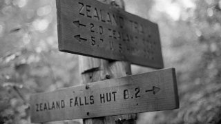 A file image of trail signs near the Zealand Falls Hut in Bethlehem, New Hampshire.