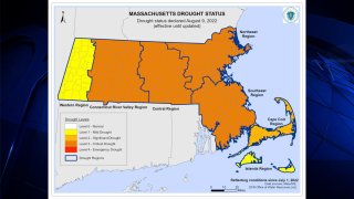 A map showing Massachusetts' drought status as of Aug. 9, 2022. Most of the state was in Level 3, critical drought