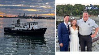 Images shared by Boston police of a broken-down Thompson Island ferry and a bride and groom with a police officer who shuttled the man to his wedding on the island.