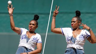 Singer and actress Jennifer Hudson reacts after throwing out the first pitch prior to a game against the Kansas City Royals and Chicago White Sox at Kauffman Stadium on August 09, 2022 in Kansas City, Missouri.