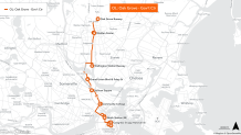A map showing the Orange Line shuttle's northern route from Boston's Government Center to Oak Grove during the line's shutdown Aug. 19-Sept. 18.