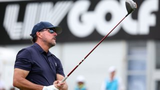 Team Captain Phil Mickelson of Hy Flyers GC watches a shot on the practice range during day one of the LIV Golf Invitational – Bedminster at Trump National Golf Club Bedminster on July 29, 2022 in Bedminster, New Jersey.