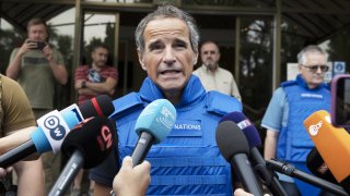 Rafael Mariano Grossi, Director General of the International Atomic Energy Agency, speaks to press members before leaving from the hotel with delegation to inspect at Zaporizhzhia Nuclear Power Plant in Zaporizhzia, Ukraine on September 1, 2022.