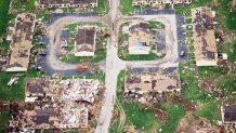 Homes ripped apart by Hurricane Andrew seen in Dade City, Florida, Sept. 1, 1992.