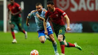 Diogo Jota of Portugal with Dani Carvajal of Spain in action during the UEFA Nations League match between Portugal and Spain at Estadio Municipal de Braga on September 27, 2022, in Braga, Portugal.