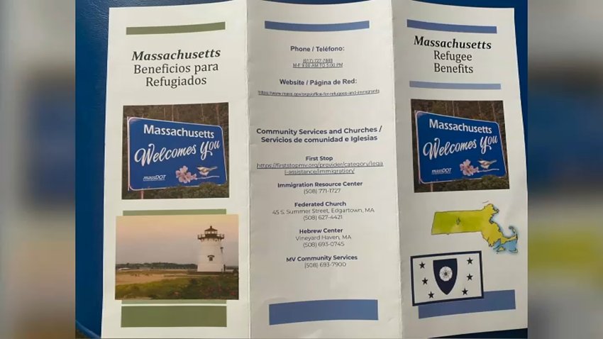 An image of a pamphlet distributed to migrants sent to Martha's Vineyard in a plan orchestrated by Florida Gov. Ron DeSantis; the flag shown is not the Bay State's but Will Bodine's artwork for a redesign.