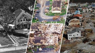 From left: Devastation left behind by Hurricane Camille, Hurricane Andrew and Hurricane Michael – all category 5 storms.