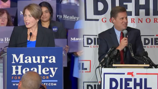 Candidates for governor of Massachusetts Maura Healey and Geoff Diehl