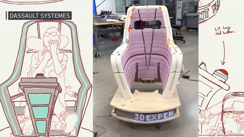 A replica of a judge's chair from The Voice made to fit a wheelchair