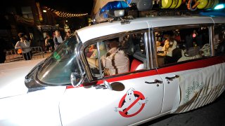 A Ghostbusters car replica takes part in the 23rd Annual Salem Chamber of Commerce Haunted Happenings Grand Parade, which launches the Halloween season in Salem, Massachusetts, on October 4, 2018. (Photo by Joseph PREZIOSO / AFP)        (Photo credit should read JOSEPH PREZIOSO/AFP via Getty Images)