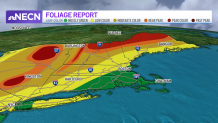 New England weather map shows peak foliage in the north, with a gradient going down to green in southern New England