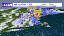 weather map shows wind gusts over 40 mph in parts of New England Friday