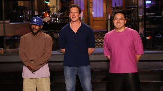 Musical guest Kendrick Lamar, host Miles Teller, and Bowen Yang during Promos in Studio 8H on Friday, September 30, 2022.