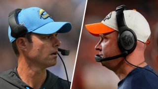 Los Angeles Chargers head coach Brandon Staley, left, and Denver Broncos head coach Nathaniel Hackett, right.