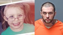 Images of Harmony Montgomery and her father Adam, seen in a booking photo from Monday, Oct. 24, 2022, when he was charged with killing his daughter.