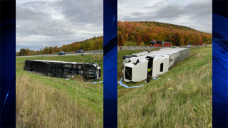 A tractor-trailer tipped over during a crash along I-89